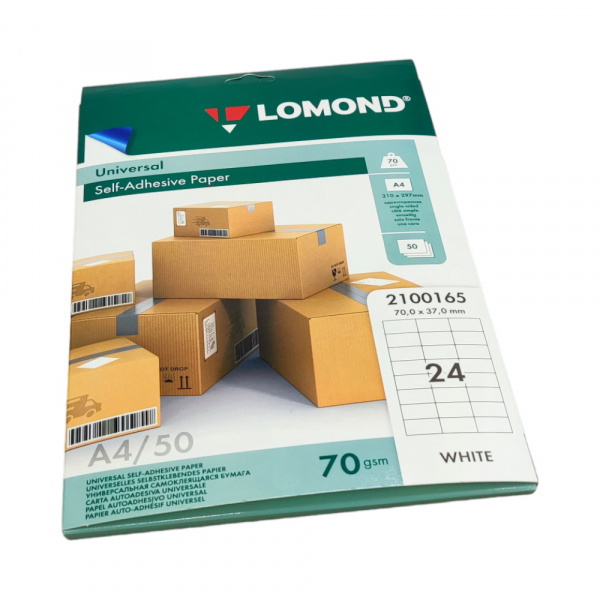 MP_3_Самоклеящаяся универсальная бумага для этикеток Lomond, A4, 24 шт. (70 x 37 мм), 70 г/м2, 50 листов