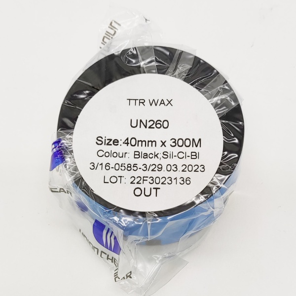 MP_2_Черная термотрансферная лента UN260 (Flat Head) WAX ECO Standart 40мм х 300м OUT 1'' MP_2_Черная термотрансферная лента UN260 (Flat Head) WAX ECO Standart 40мм х 300м OUT 1''