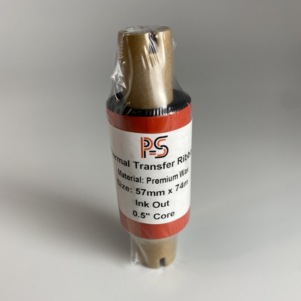 MP_5_Риббон PS Wax Premium 57мм х 74м (термотрансферная лента), черный, OUT, 0,5'', ширина втулки 110 мм